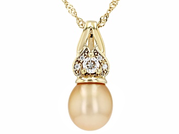 Picture of Golden Cultured South Sea Pearl With Moissanite 18K Gold Over Sterling Silver Pendant With Chain