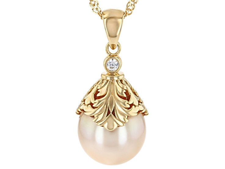 Golden Cultured South Sea Pearl With White Zircon 18k Yellow Gold Over Silver Pendant With Chain