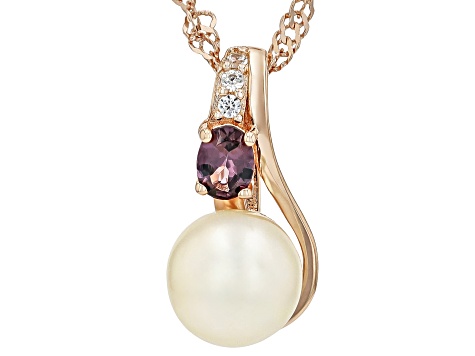 White Cultured Akoya Pearl With Purple Spinel & Zircon 18k