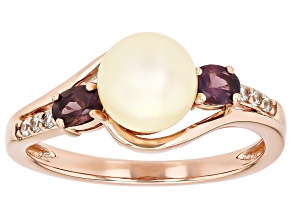 White Cultured Japanese Akoya Pearl With Purple Spinel & Zircon 18k Rose Gold Over Silver Ring