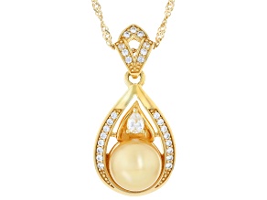 Golden Cultured South Sea Pearl & White Zircon 18k Yellow Gold Over Silver Pendant With Chain