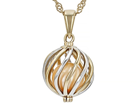 Golden Cultured South Sea Pearl 18k Yellow Gold And Rhodium Over Silver Pendant With Chain