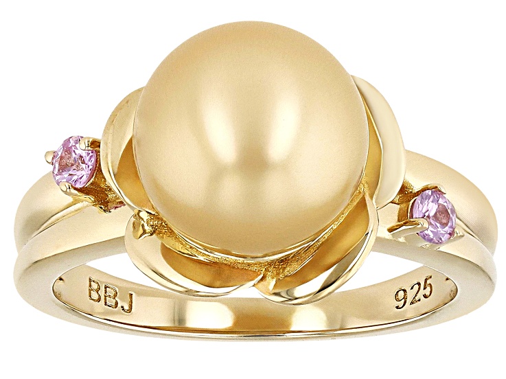 Golden Cultured South Sea Pearl With Pink Sapphire 18k Yellow Gold