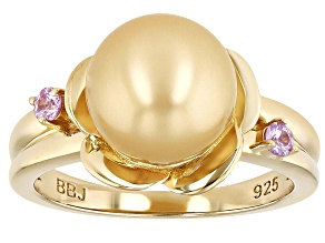Golden Cultured South Sea Pearl With Pink Sapphire 18k Yellow Gold Over Sterling Silver Ring