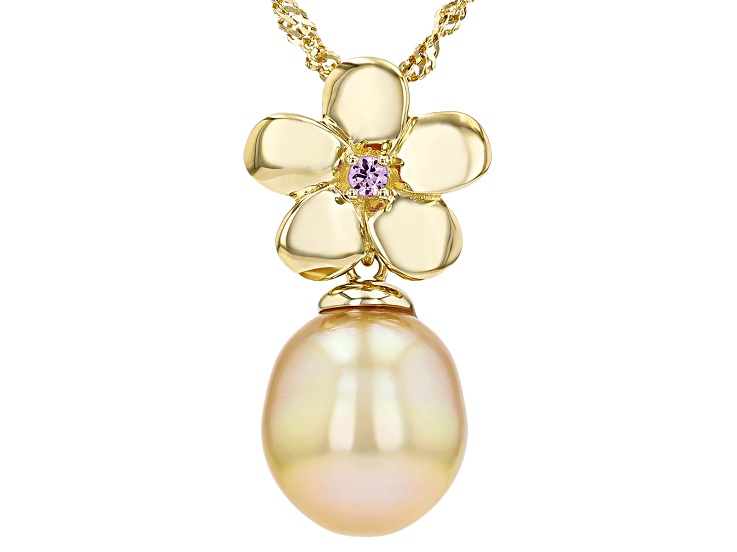 Golden Cultured South Sea Pearl With Pink Sapphire 18k Yellow Gold Over Silver Pendant With Chain