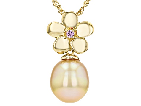 Golden Cultured South Sea Pearl With Pink Sapphire 18k Yellow Gold Over Silver Pendant With Chain