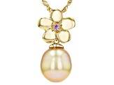 Golden Cultured South Sea Pearl With Pink Sapphire 18k Yellow Gold Over Silver Pendant With Chain