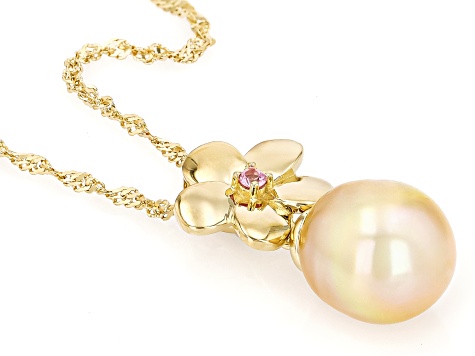 Golden Cultured South Sea Pearl With Pink Sapphire 18k Yellow Gold Over Silver Pendant With Chain