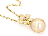 Golden Cultured South Sea Pearl With Pink Sapphire 18k Yellow Gold Over Silver Pendant With Chain