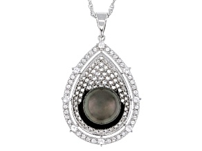 Cultured Tahitian Pearl With White Topaz Rhodium Over Sterling Silver Pendant With Chain