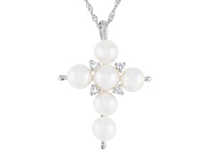 White Cultured Freshwater Pearl With Topaz Rhodium Over Sterling Silver Pendant With Chain