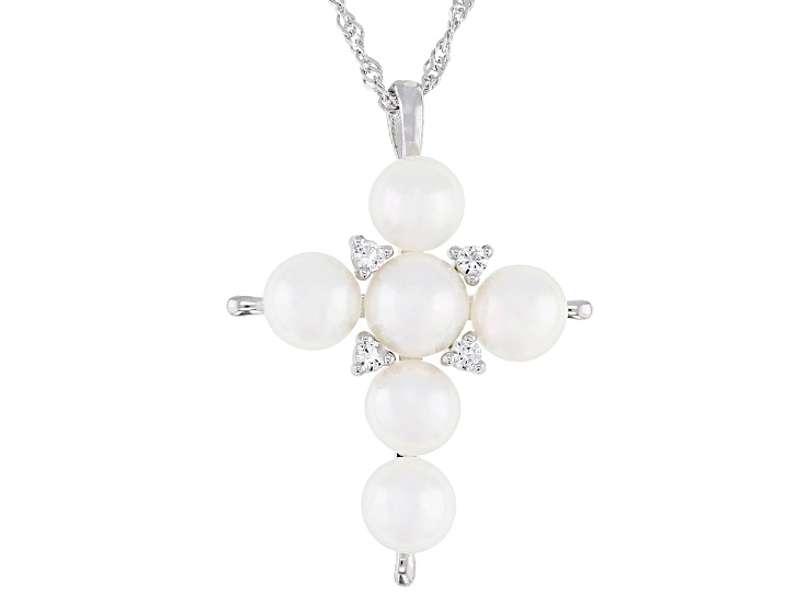 White Cultured Freshwater Pearl With Topaz Rhodium Over Sterling Silver Pendant With Chain
