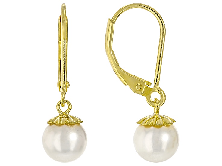7mm White Cultured Japanese Akoya Pearl 18k Yellow Gold Over Sterling Silver Earrings