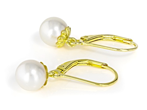 7mm White Cultured Japanese Akoya Pearl 18k Yellow Gold Over Sterling Silver Earrings