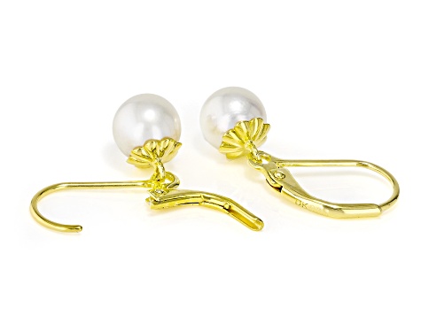 7mm White Cultured Japanese Akoya Pearl 18k Yellow Gold Over Sterling Silver Earrings