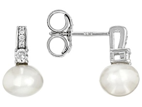 White Cultured Freshwater Pearl With White Zircon Rhodium Over Sterling Silver Earrings