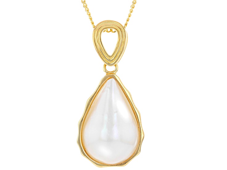 White Cultured South Sea Mabe Pearl 18k Yellow Gold Over Sterling Silver Pendant With Chain