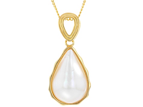 White Cultured South Sea Mabe Pearl 18k Yellow Gold Over Sterling Silver Pendant With Chain