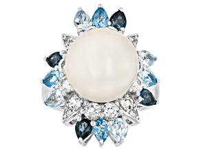 White Cultured Freshwater Pearl With Blue And White Topaz Rhodium Over Sterling Silver Ring
