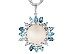 White Cultured Freshwater Pearl & Blue And White Topaz Rhodium Over Silver Pendant With Chain