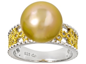 Golden Cultured South Sea Pearl With White Topaz 18K Gold And Rhodium Over Silver Two-Tone Ring