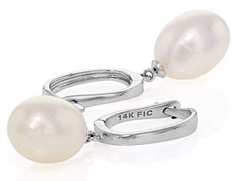 White Cultured Freshwater Pearl Rhodium Over 14k White Gold Earrings