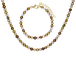 Multi-Color Cultured Freshwater Pearl 14k Yellow Gold Over Silver Strand Necklace And Bracelet Set