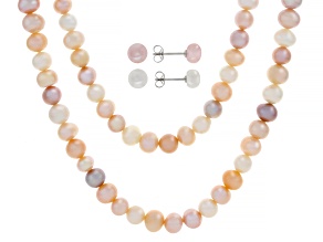 Multi-Color Cultured Freshwater Pearl Rhodium Over Silver 18 Inch Strand & Earring Set