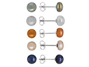 Multi-Color Cultured Freshwater Pearl Rhodium Over Sterling Silver Earrings Set Of 5