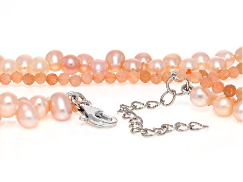 Multi-Pink Cultured Freshwater Pearl With Sunstone Rhodium