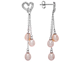 Pink Cultured Freshwater Pearl With Cubic Zirconia Rhodium Over Sterling Silver Earrings