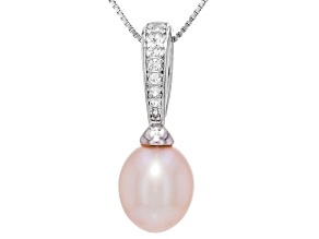 Pink Cultured Freshwater Pearl With Lab Created Sapphire Rhodium Over Silver Pendant With Chain