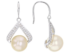 Golden Cultured South Sea Pearl & White Zircon Rhodium Over Sterling Silver Earrings