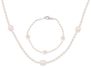 White Cultured Freshwater Pearl Rhodium Over  Silver 20 Inch Strand Necklace And Bracelet Set