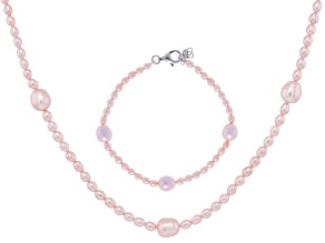 Peach Cultured Freshwater Pearl Rhodium Over Silver Strand Necklace And Bracelet Set