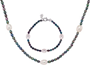 Black & White Cultured Freshwater Pearl Rhodium Over Silver Strand Necklace And Bracelet Set