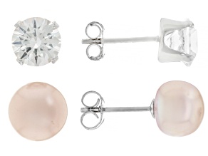 Pink Cultured Freshwater Pearl & White Lab Created Sapphire Rhodium Over Silver Stud Earrings