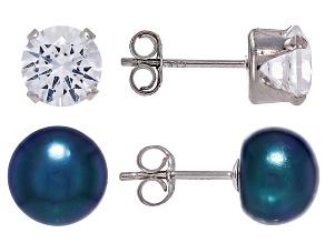 Black Cultured Freshwater Pearl & White Lab Created Sapphire Rhodium Over Silver Stud Earrings
