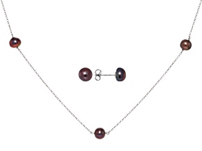 Black Cultured Freshwater Pearl Rhodium Over Sterling Silver Necklace And Earring Set