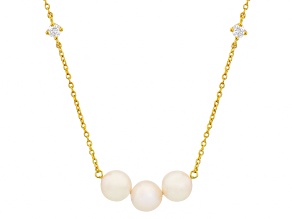 White Cultured Japanese Akoya Pearl With Moissanite 18k Yellow Gold Over Silver 20 Inch Necklace