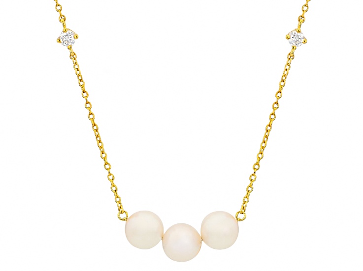 White Cultured Japanese Akoya Pearl With Moissanite 18k Yellow Gold Over Silver 20 Inch Necklace