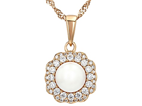 White Cultured Japanese Akoya Pearl With Moissanite Fire® 18k Rose Gold Over Sterling Silver Pendant