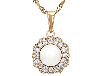 Picture of White Cultured Japanese Akoya Pearl With Moissanite Fire® 18k Rose Gold Over Sterling Silver Pendant