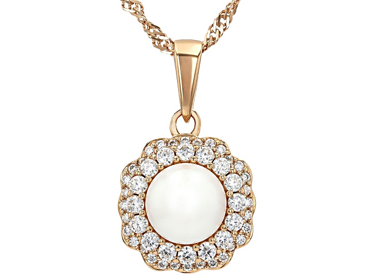 White Cultured Japanese Akoya Pearl With Moissanite FireÂ® 18k Rose Gold Over Sterling Silver Pendant