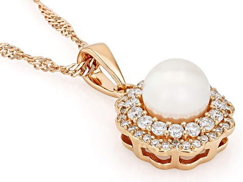 White Cultured Japanese Akoya Pearl With Moissanite Fire® 18k Rose Gold Over Sterling Silver Pendant