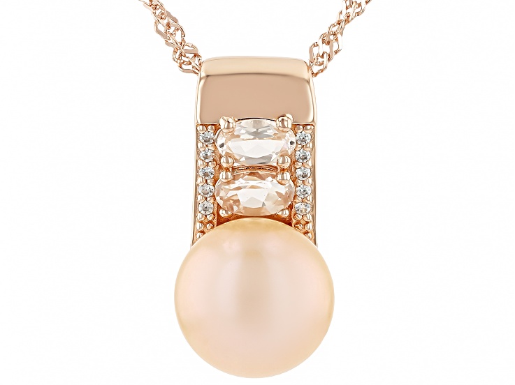 Sunset Pink Cultured Freshwater Pearl With Morganite & White Zircon 18K Gold Over Silver Pendant