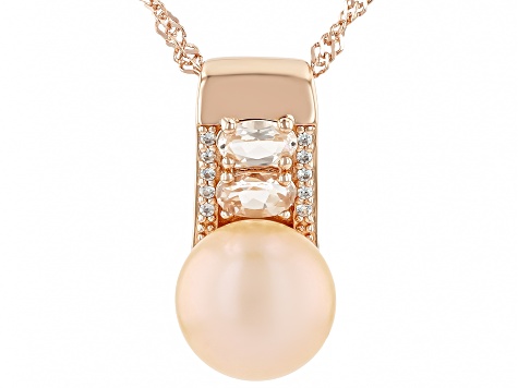 Sunset Pink Cultured Freshwater Pearl With Morganite & White Zircon 18K Gold Over Silver Pendant