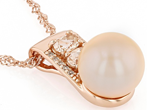 Sunset Pink Cultured Freshwater Pearl With Morganite & White Zircon 18K Gold Over Silver Pendant