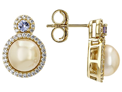 Golden Cultured South Sea Pearl With Tanzanite & White Zircon 18k Yellow Gold Over Silver Earrings