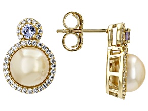 Golden Cultured South Sea Pearl With Tanzanite & White Zircon 18k Yellow Gold Over Silver Earrings